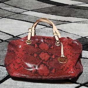 MICHAEL KORS RED SNAKESKIN PRINT LEATHER SHOULDER PURSE BAG